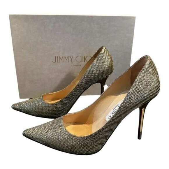 Jimmy Choo ABEL Lame Glitter Gray with Gold Pump Heels Size 6.5 - Picture 3 of 11